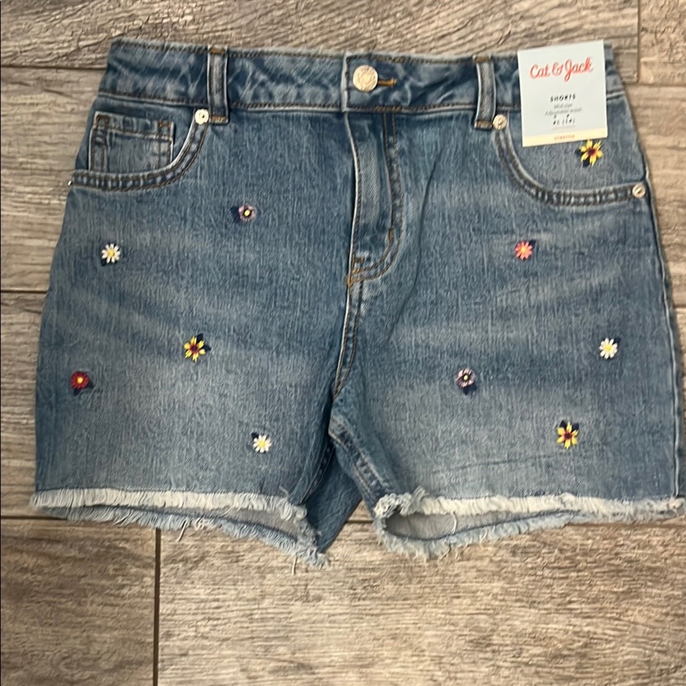 Girls-Cat & Jack Midrise Blue Jean Shorts with Floral Accents